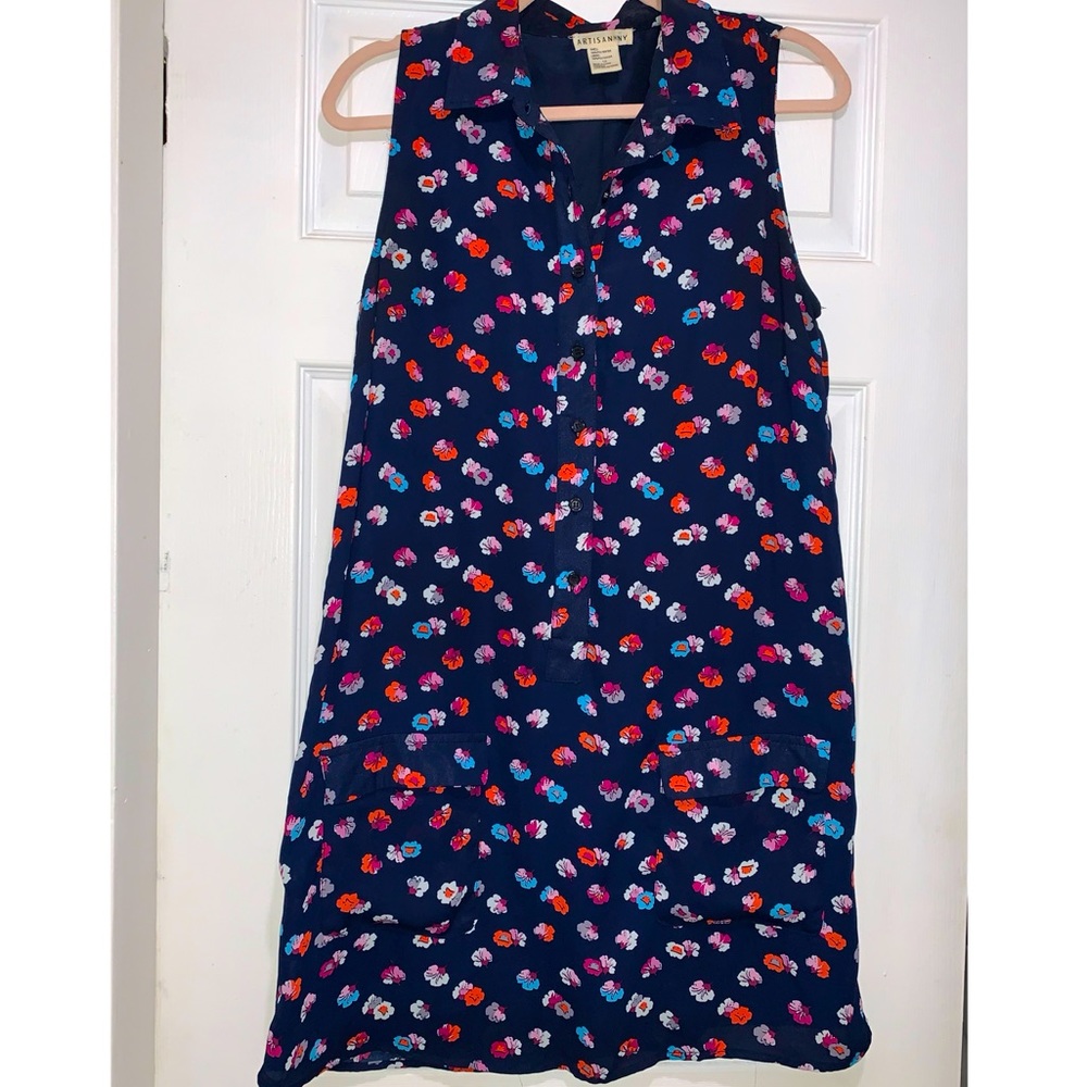 Collared Navy Blue Flower Print Dress
